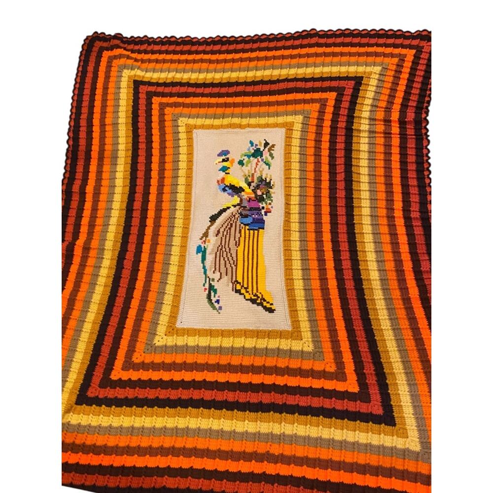 MidCentury Crochet Needlework Afghan Peacock 86" x 69" Orange Brown